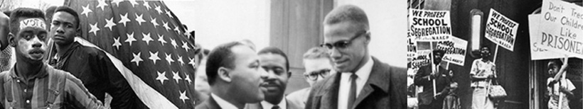 Marchers with flag and vote; MLK, Malcolm X, and SNCC; protesters with signs against school segregation